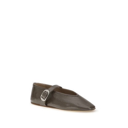 Le Monde Béryl Brown Calf Leather Bos Taurus Ballet Flats with adjustable strap and beveled toe for elegance and comfort AW25.