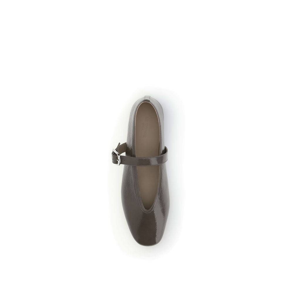 Top view of Le Monde Béryl Brown Calf Leather Bos Taurus Ballet Flats with adjustable strap and beveled toe design.