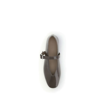 Top view of Le Monde Béryl Brown Calf Leather Bos Taurus Ballet Flats with adjustable strap and beveled toe design.