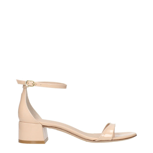 Stuart Weitzman Beige Leather Sandals in patent leather with ankle strap and block heel.