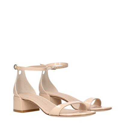 Stuart Weitzman Beige Leather Sandals with patent finish and ankle strap, elegant block heel design.