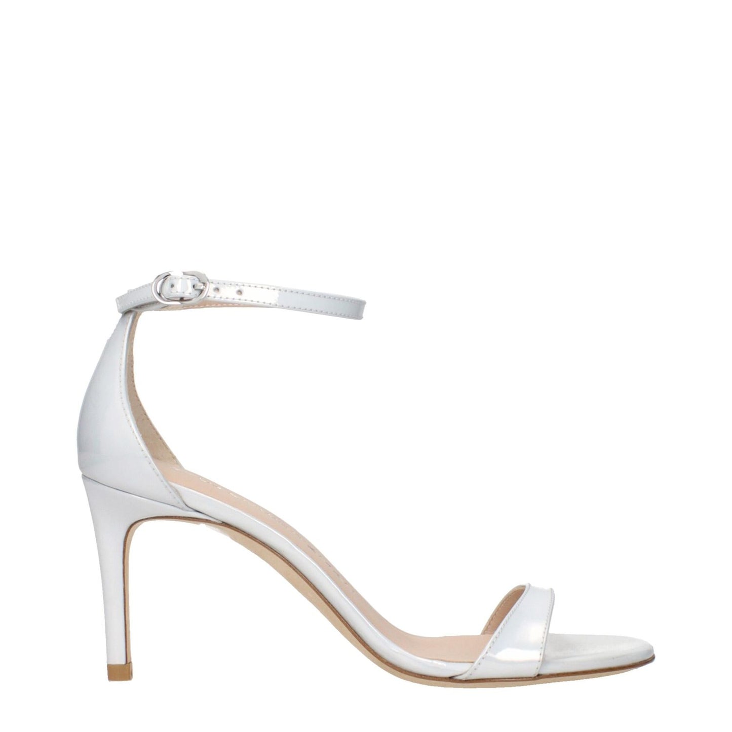 Stuart Weitzman White Leather Stiletto Heel Sandals with metallic effect, side view of elegant high-heeled shoe.