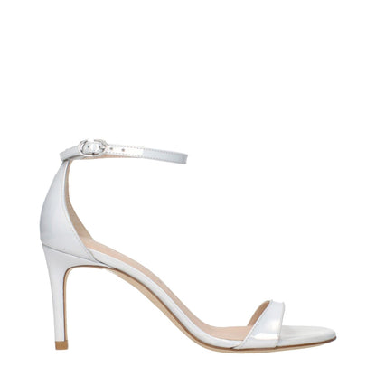 Stuart Weitzman White Leather Stiletto Heel Sandals with metallic effect, side view of elegant high-heeled shoe.