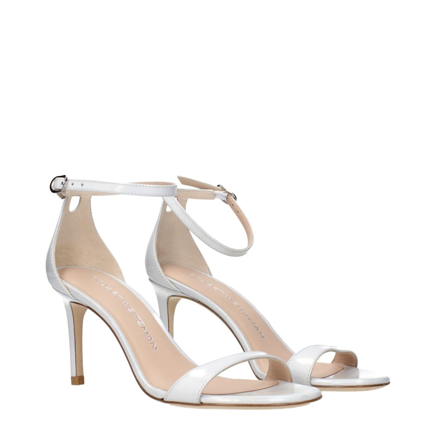 Stuart Weitzman White Leather Stiletto Heel Sandals with metallic effect, featuring elegant design and comfortable fit for stylish occasions.