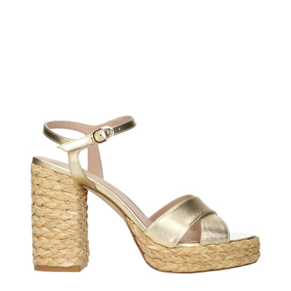 Stuart Weitzman Gold Leather Platform Sandals with metallic effect and woven heel, MPN DAYNAPLATFORMLQASK878GOLDENNATURAL.