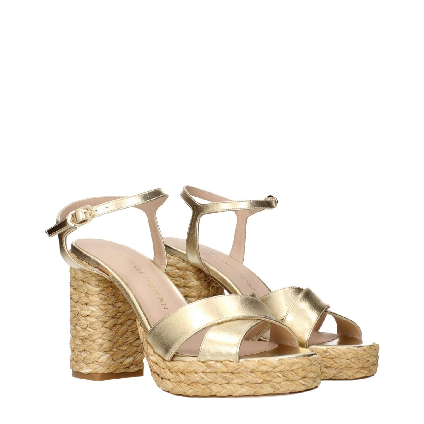 Stuart Weitzman Gold Leather Platform Sandals with metallic effect and woven heel, MPN DAYNAPLATFORMLQASK878GOLDENNATURAL.