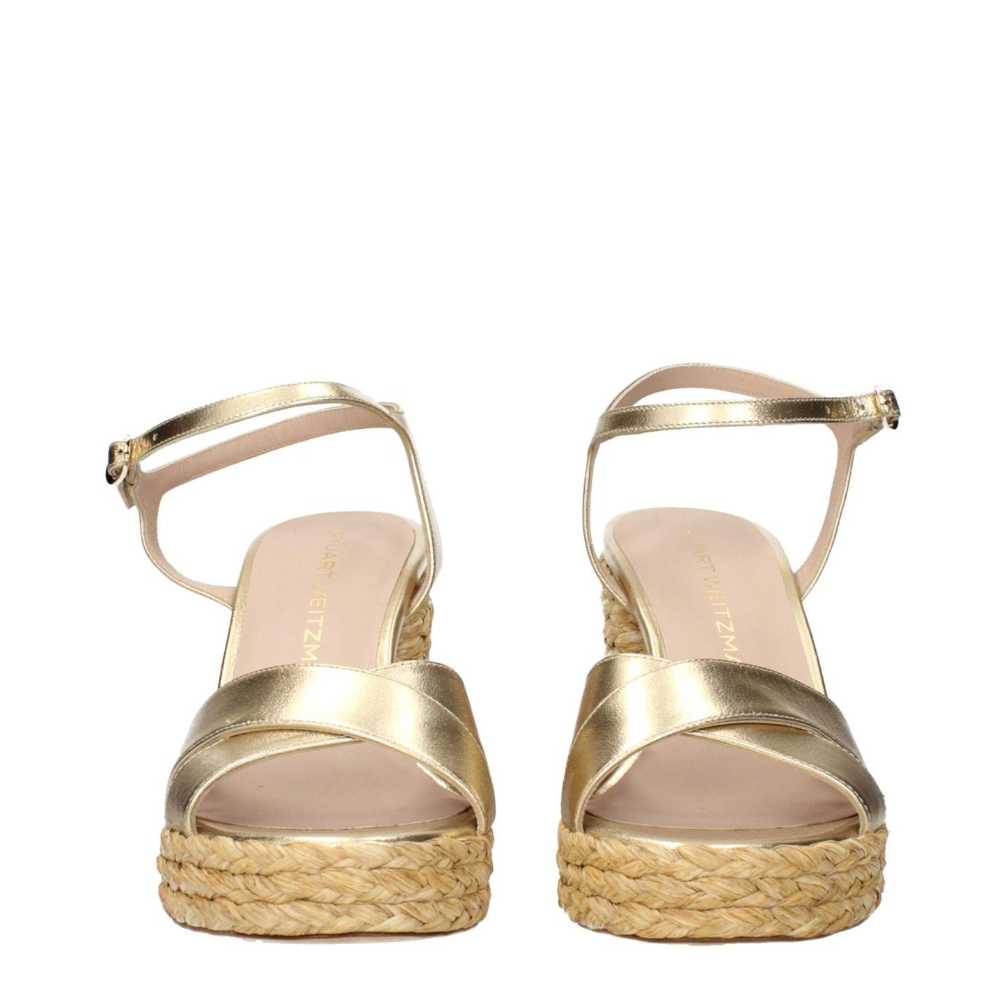 Stuart Weitzman Gold Leather Platform Sandals with metallic effect, featuring a woven platform and ankle strap, front view image.