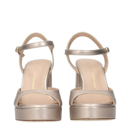 Stuart Weitzman Beige Leather Platform Sandals with metallic effect and ankle strap, front view