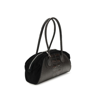 Vivienne Westwood Black Calf Leather Bos Taurus Shoulder Bag with crocodile-embossed leather and suede featuring Orb metallic detail.