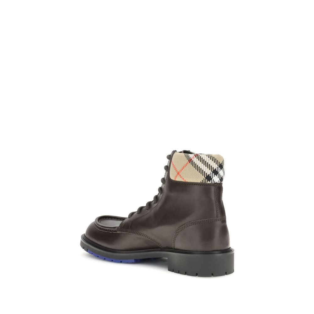 Burberry Brown Calf Leather Bos Taurus Lace-Up Boots with padded Burberry Check collar and Equestrian Knight motif on the sole, AW25