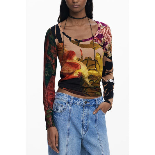 Desigual Brown Elastane Women T-Shirt with colorful patterns, long sleeves, and wide neckline, paired with denim jeans.