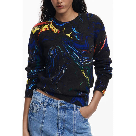 Woman wearing Desigual Black Polyamide Women Sweater with bold patterns and crew neck.