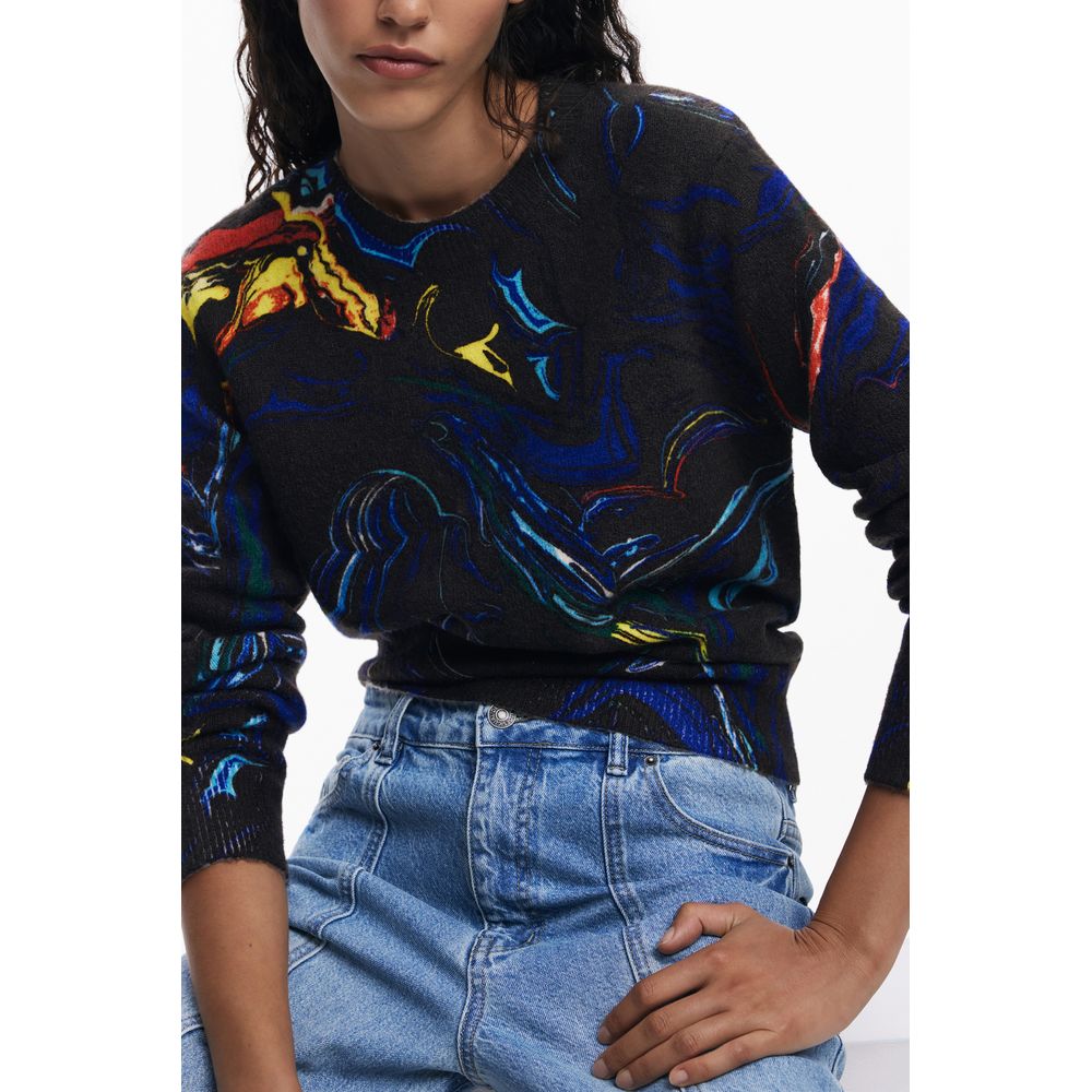 Woman wearing Desigual Black Polyamide Women Sweater with colorful abstract patterns.