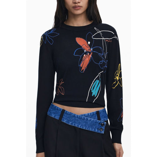 Desigual Black Viscose Women Sweater with floral pattern, crew neck, and long sleeves for stylish comfort.
