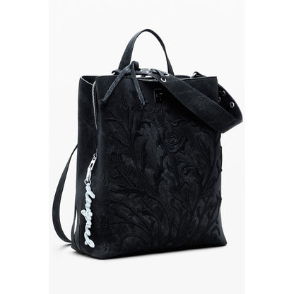 Desigual Black Polyethylene Women Backpack with floral embroidery and adjustable straps for style and comfort.