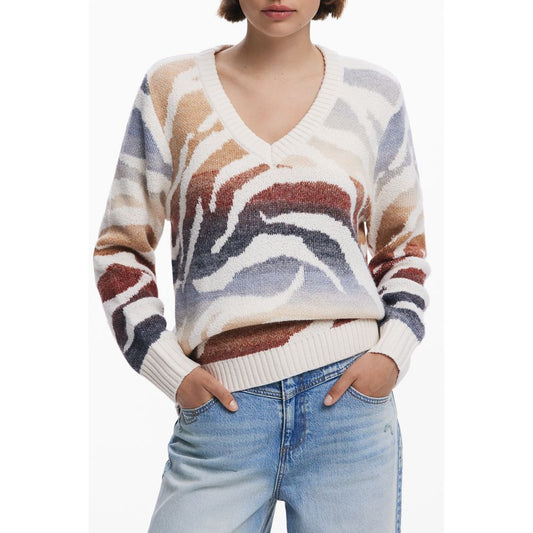 Desigual White Polyamide Women Sweater with vibrant patterns, perfect blend of style and comfort, long-sleeved t-shirt.