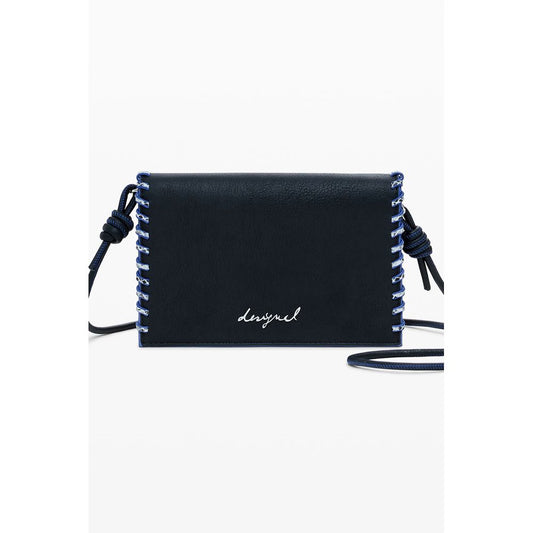 Desigual Black Polyethylene Women Wallet with shoulder strap and Desigual logo, featuring stylish contrasting details.