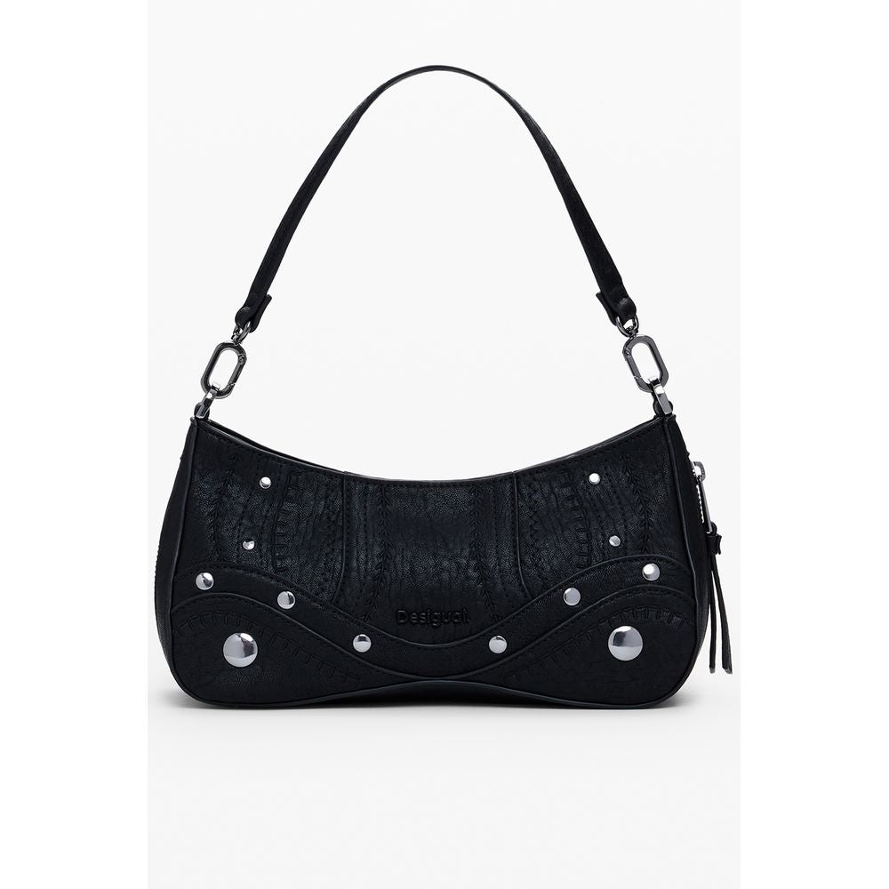 Desigual Black Polyethylene Women Handbag with zip-expandable bottom and removable handle, iconic logo, and contrasting details.