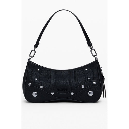 Desigual Black Polyethylene Women Handbag with zip-expandable bottom and removable handle, iconic logo, and contrasting details.