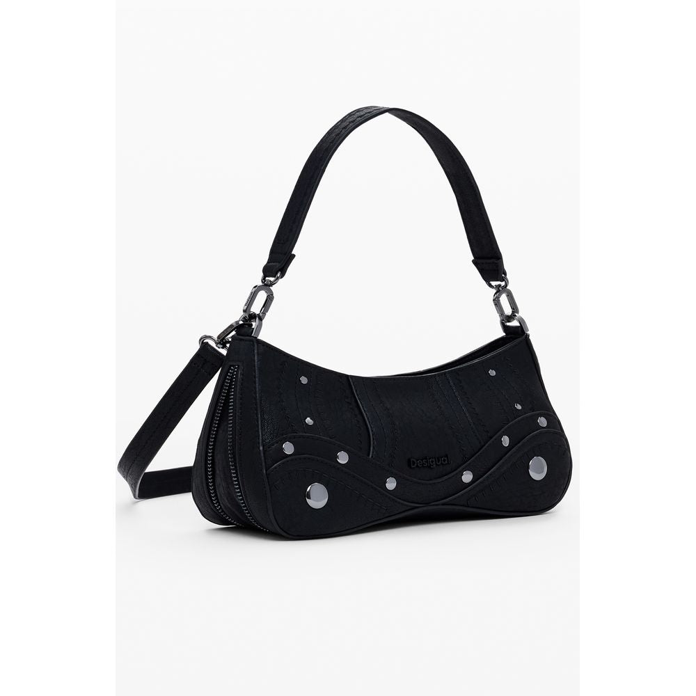 Desigual Black Polyethylene Women Handbag with zip-expandable bottom and removable handle. Unique and stylish accessory with logo.