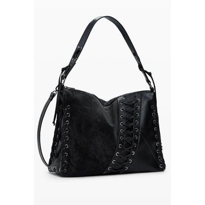 Desigual Black Polyethylene Women Handbag with eclectic design and adjustable strap, featuring iconic brand logo and contrast details.
