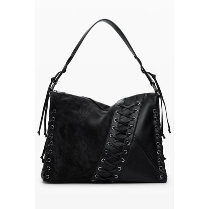 Desigual Black Polyethylene Women Handbag with adjustable strap, featuring eclectic contrast details and brand logo.