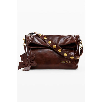 Desigual Brown Polyethylene Women Handbag with adjustable strap and floral accessory, showcases style and practicality.