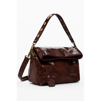 Desigual Brown Polyethylene Women Handbag with removable shoulder handle and floral detail.
