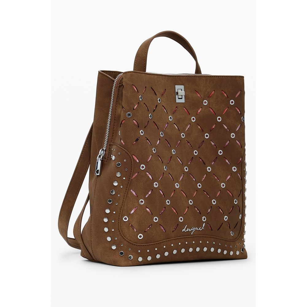 Desigual Brown Polyethylene Women Backpack with studded details and multiple compartments.