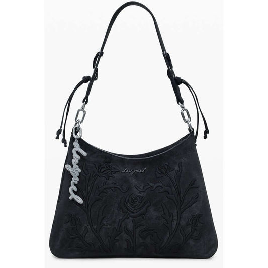 Desigual Black Polyethylene Women Handbag with floral embroidery, removable shoulder handle, and adjustable strap for versatile styling.