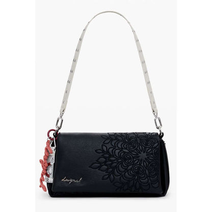 Desigual Black Polyethylene Women Handbag with floral embroidery and detachable strap, modern and stylish design.