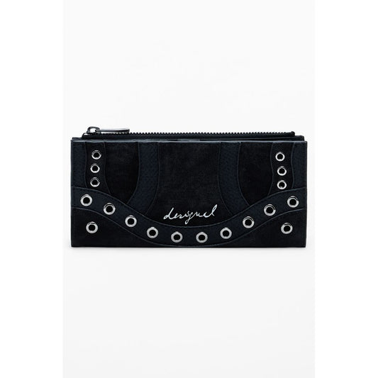 Desigual Black Polyethylene Women Wallet with stylish grommet design and secure zip closure, ideal for organizing essentials.