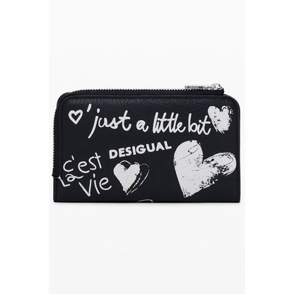 Desigual Black Polyethylene Women Wallet, stylish black accessory with bold text designs, three compartments, and secure closures.