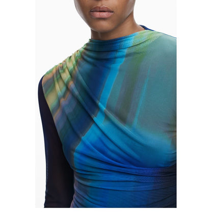 Desigual Blue Polyester Women Dress with vibrant pattern and comfortable drape, showcasing vivid colors and elegant design details.