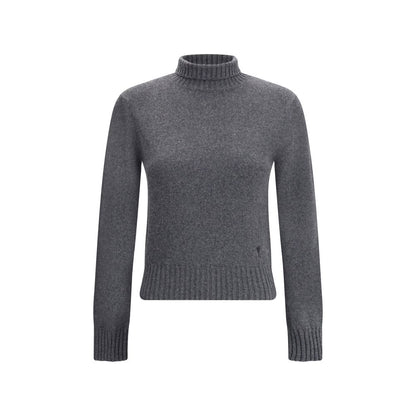 Ami Paris Gray Cashmere Turtleneck with ribbed trim and Ami De Coeur logo, perfect for winter elegance.