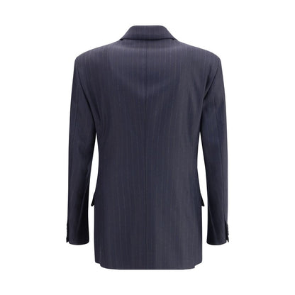 Back view of Tom Ford Blue Wool Blazer with pinstripe design and tailored structure, featuring a double-breasted classic pattern.