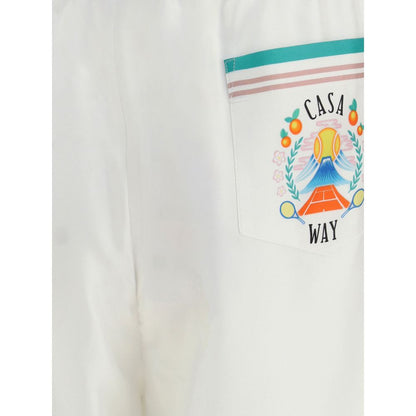 Close-up of Casablanca White Silk Bermuda Shorts with graphic design on back pocket, showcasing striped hem and Casa Way branding.