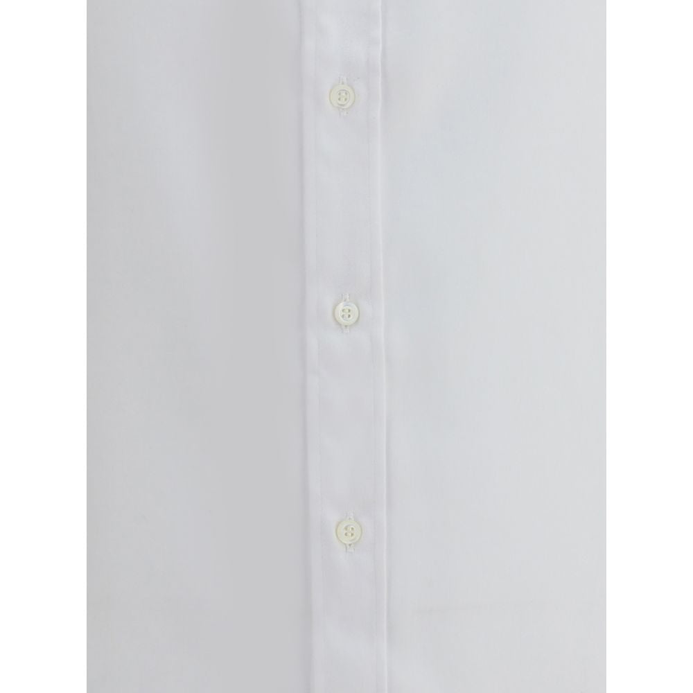 Close-up of Brunello Cucinelli White Cotton Dress Shirt with button details, elegant and versatile design suitable for any occasion.