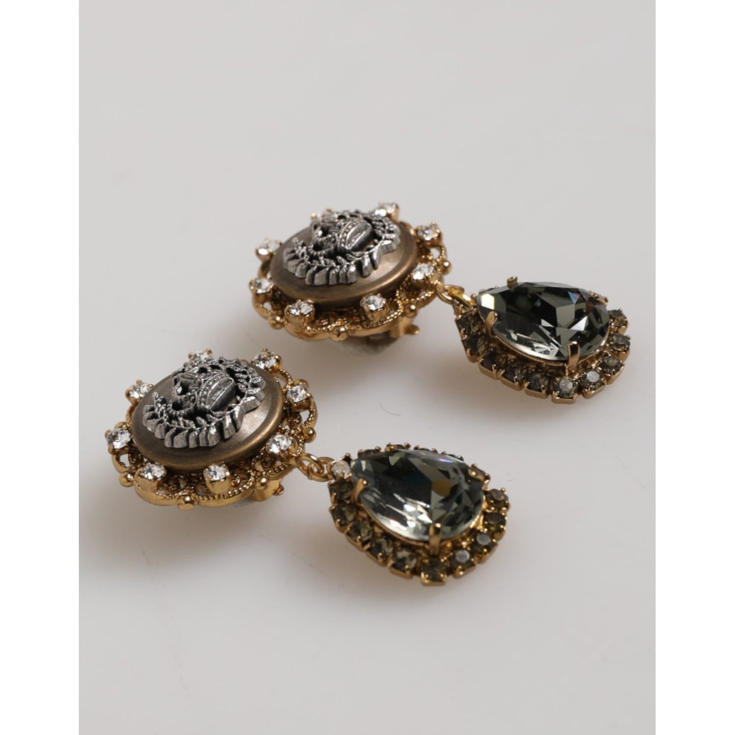 Dolce & Gabbana Gold Brass Crown Medallion Black Crystal Drop Clip On Earrings