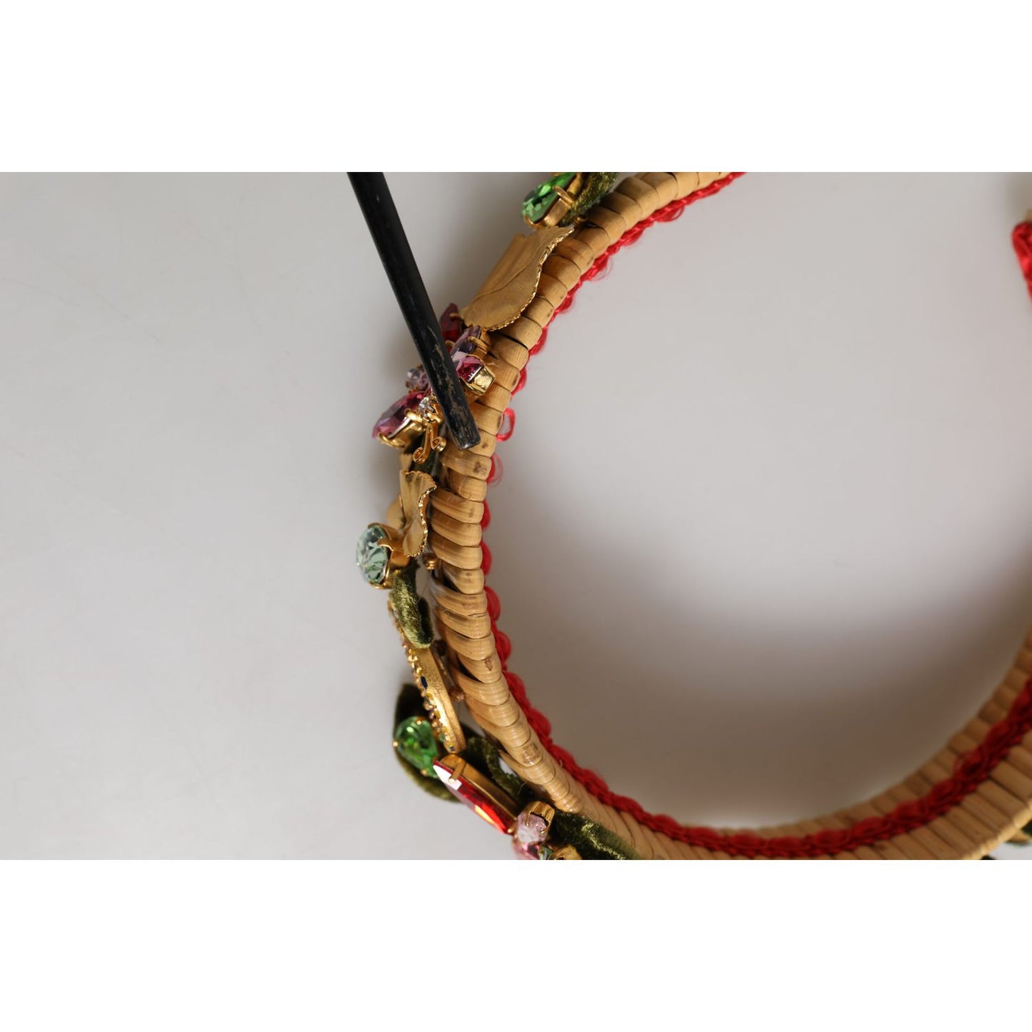 Dolce & Gabbana Multicolor Crystal Floral Gold Green Velvet Crown Headband