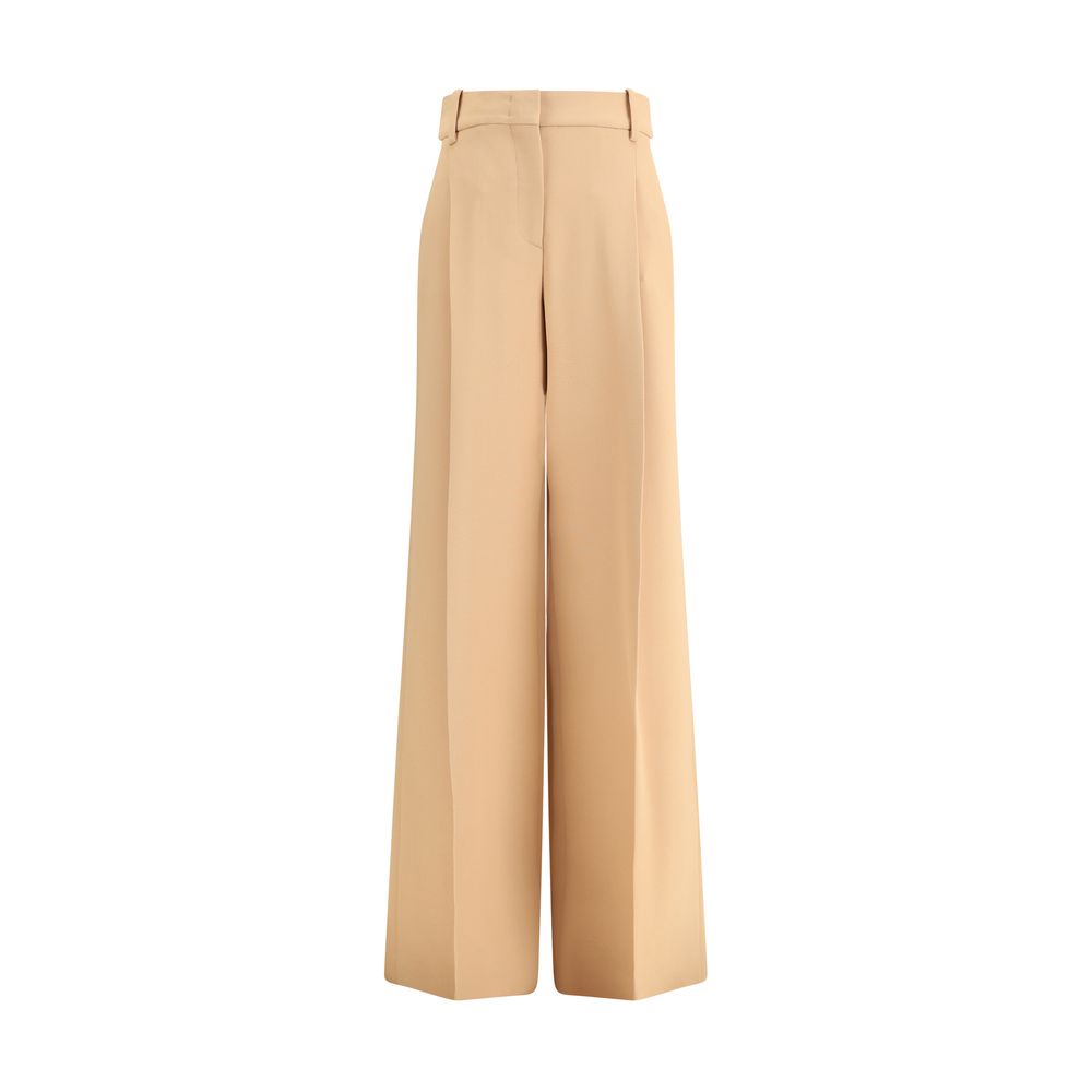 Ermanno Scervino Beige Viscose Casual Pants with wide legs, front darts, zipper, hook-and-eye closure, and side welt pockets.