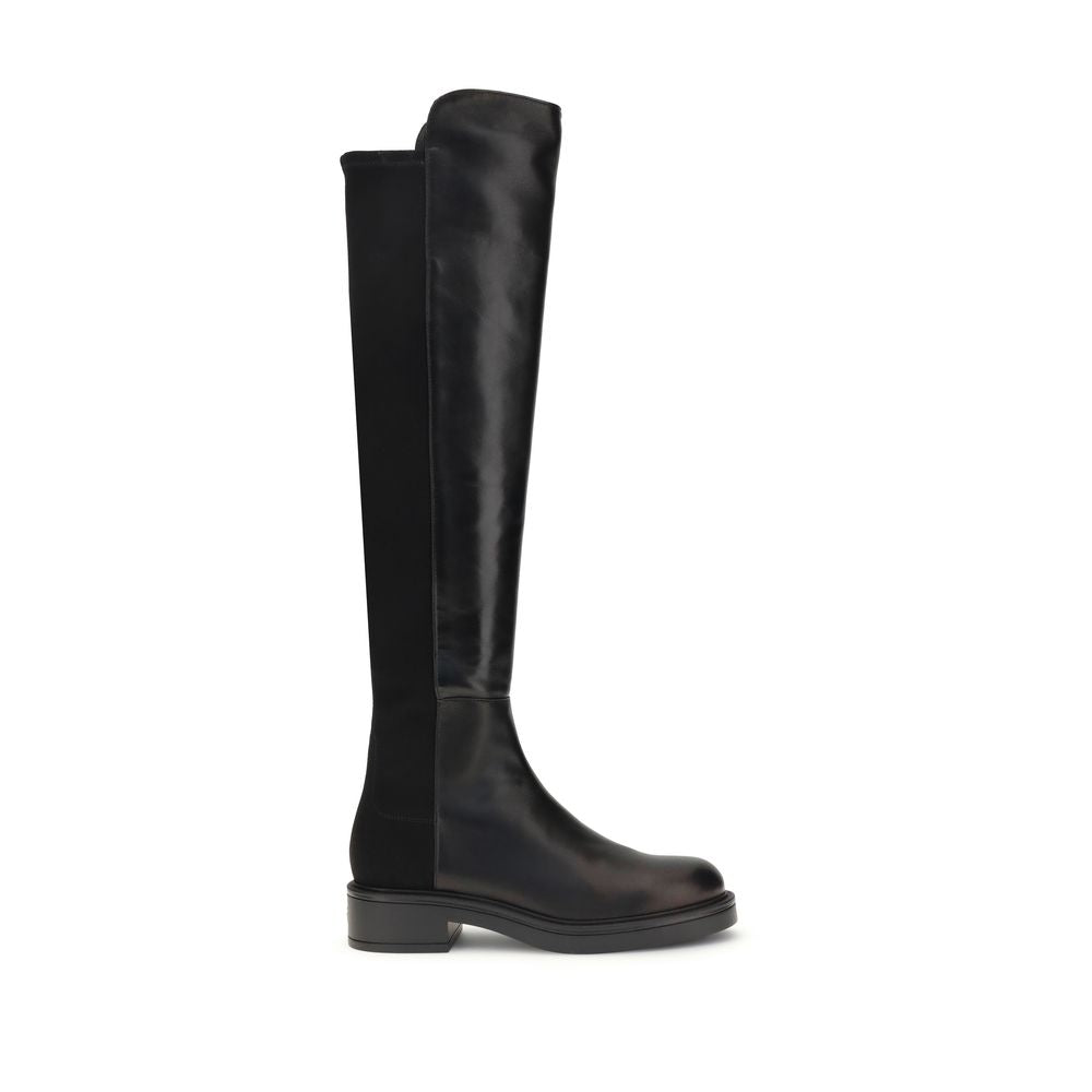Stuart Weitzman Black Leather Over The Knee boots with sleek design and block heel.