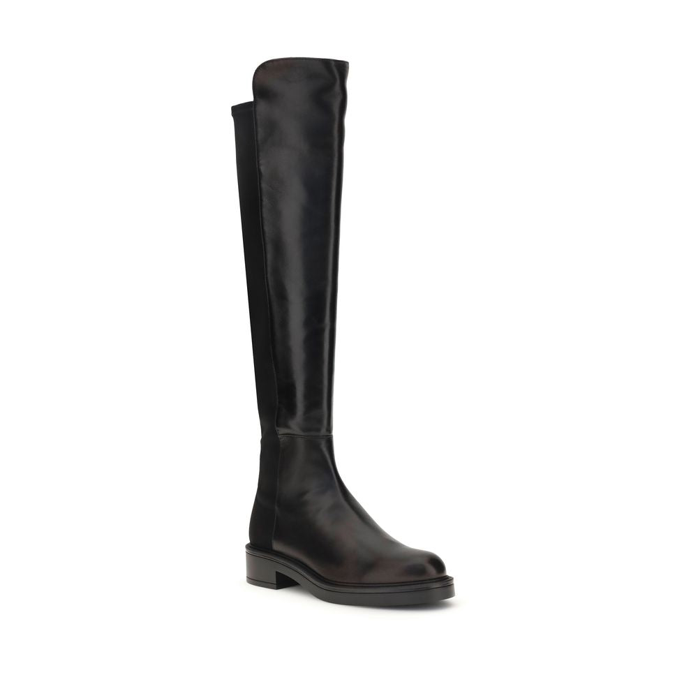 Stuart Weitzman Black Leather Over The Knee boots, elegant design with smooth leather and elastic back, block heel for stability.