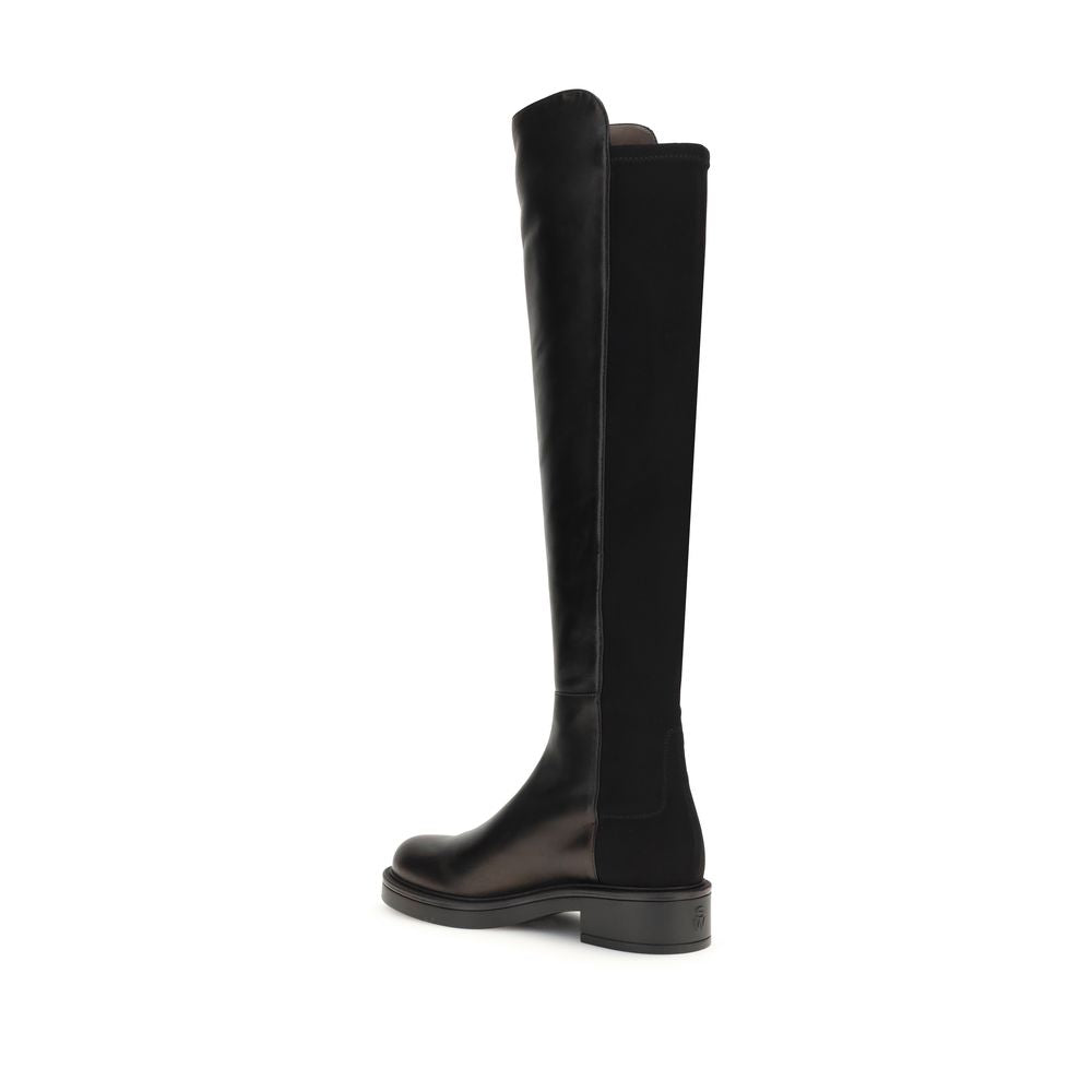 Stuart Weitzman Black Leather Over The Knee boots in smooth leather with elastic back and block heel for elegant versatile look.