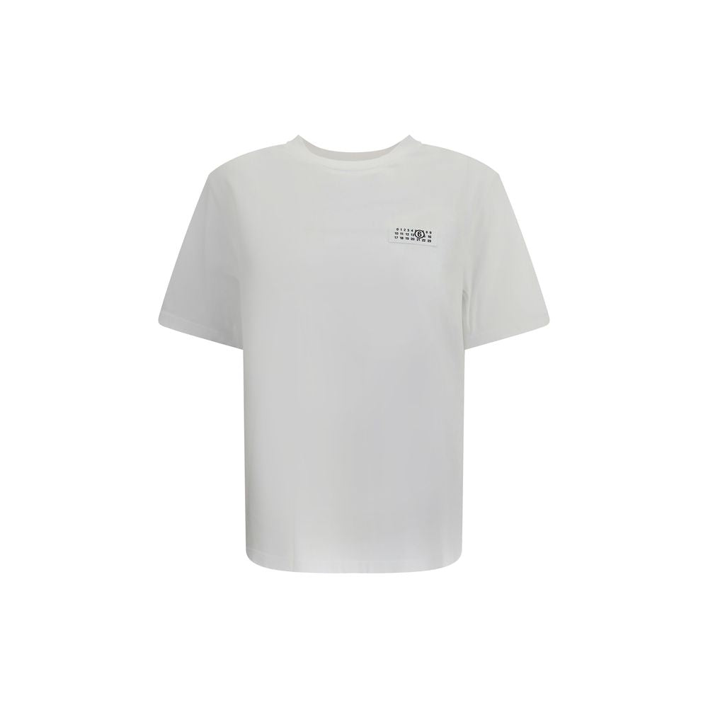 MM6 White Cotton T-Shirt with ribbed crew neck and front logo detail, made from 100% cotton, regular fit, season AW25, contemporary style.