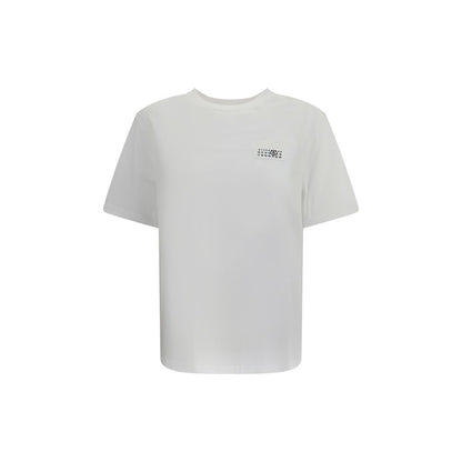 MM6 White Cotton T-Shirt with ribbed crew neck and front logo detail, made from 100% cotton, regular fit, season AW25, contemporary style.