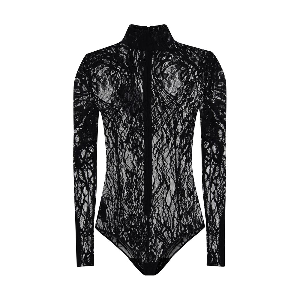 Balmain Black Cotton Top with high neck lace bodysuit design, featuring a zip fastening and buttoned briefs for a bold, feminine look.
