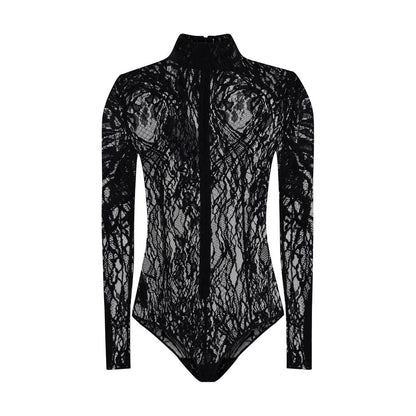 Balmain Black Cotton Top with high neck lace bodysuit design, featuring a zip fastening and buttoned briefs for a bold, feminine look.