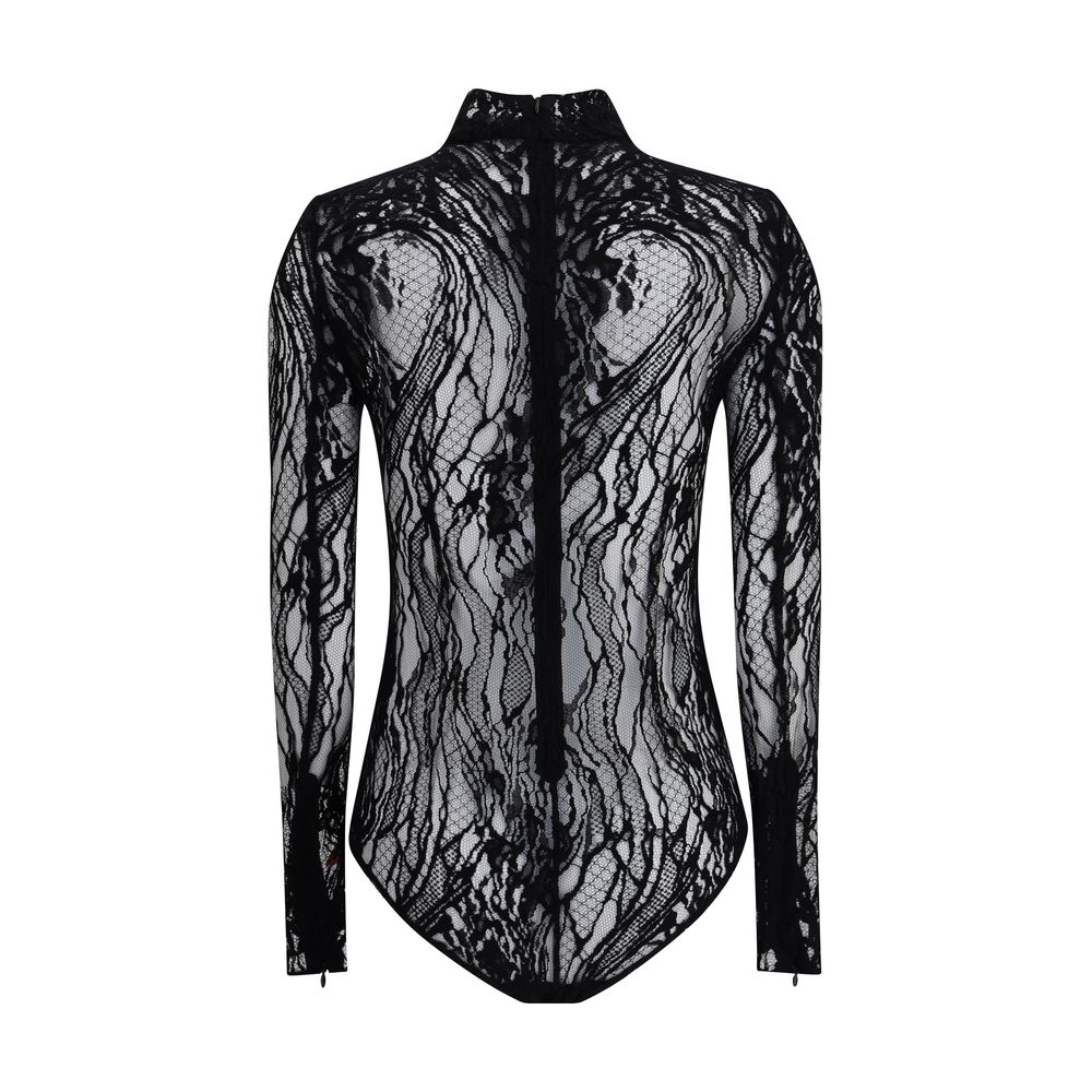 Rear view of Balmain Black Cotton Top lace bodysuit with high neck and elegant sheer design, featuring zip fastening on the back.