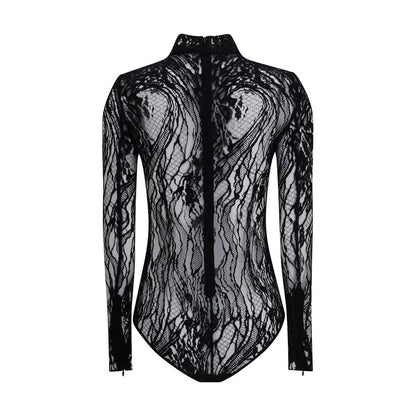Rear view of Balmain Black Cotton Top lace bodysuit with high neck and elegant sheer design, featuring zip fastening on the back.